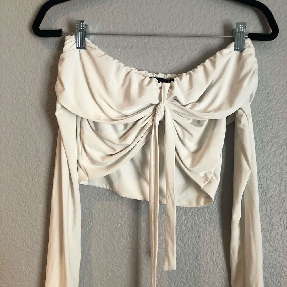 White Bow Tie Off The Shoulder Long Sleeve Crop